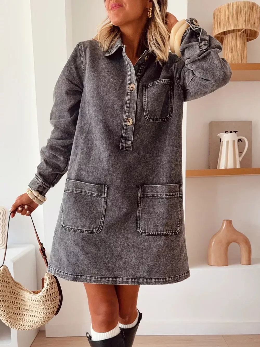 Button Front Denim Shirt Dress
