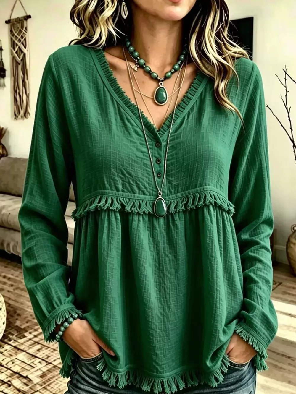 Full Size Fringed Trim V-Neck Long Sleeve Blouse Plus Size, image 69