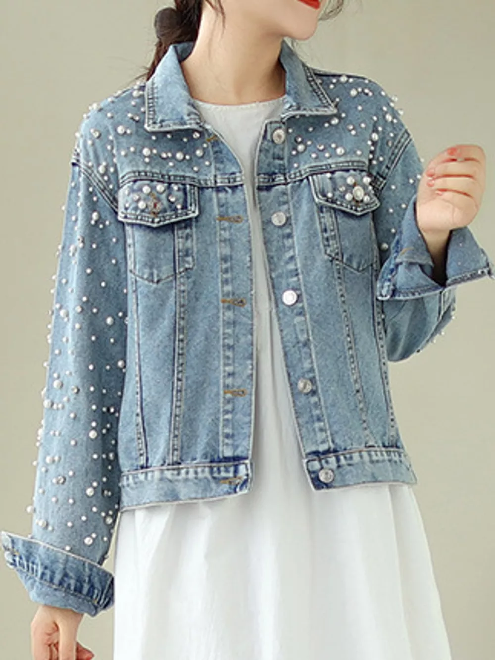 Pearl Detail Button Up Denim Jacket