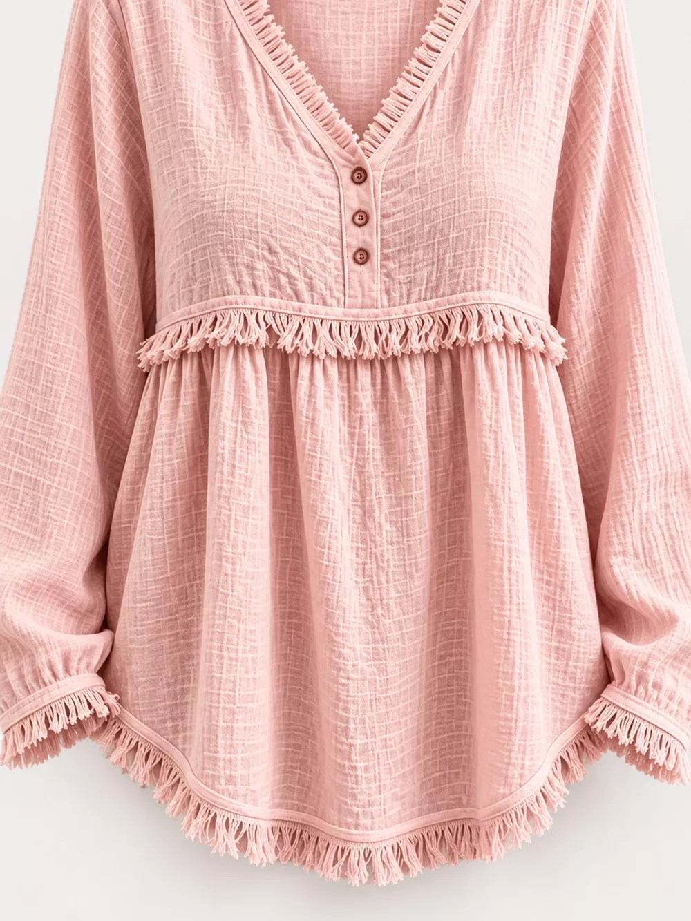 Full Size Fringed Trim V-Neck Long Sleeve Blouse Plus Size, image 48