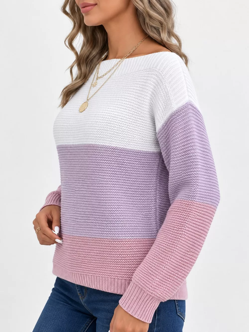 Full Size Color-Block Boat Neck Sweater Plus Size, image 32