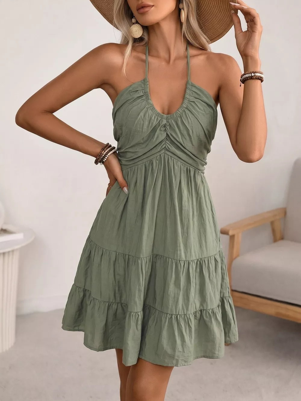 Casual Halter Neck Tiered Mini Dress, image 3