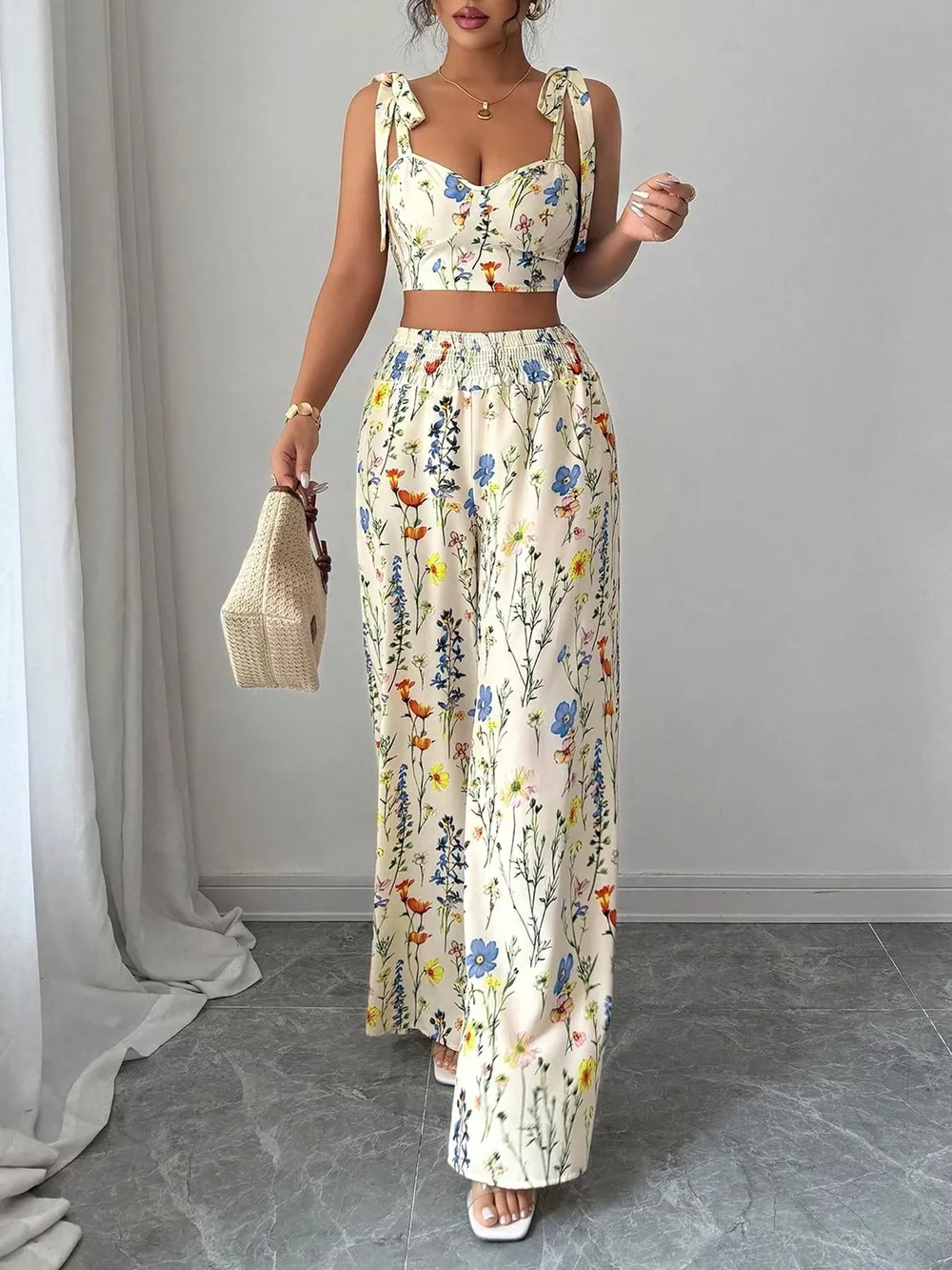 Floral Print Tie-Shoulder Crop Top & Wide Leg Pants Set, image 4