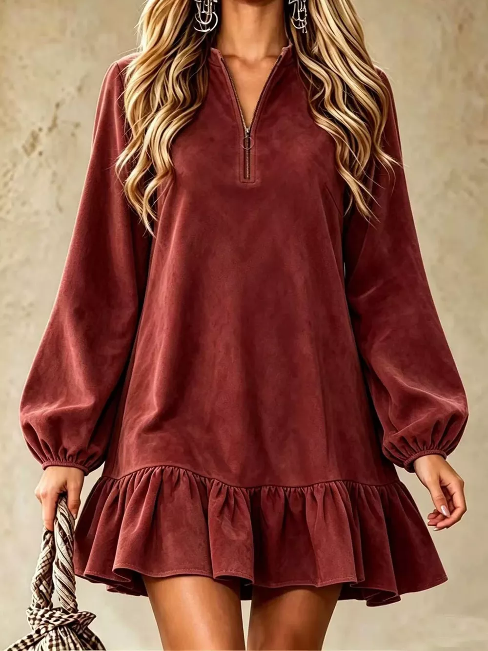 Quarter-Zip Ruffle Hem Mini Dress, image 6