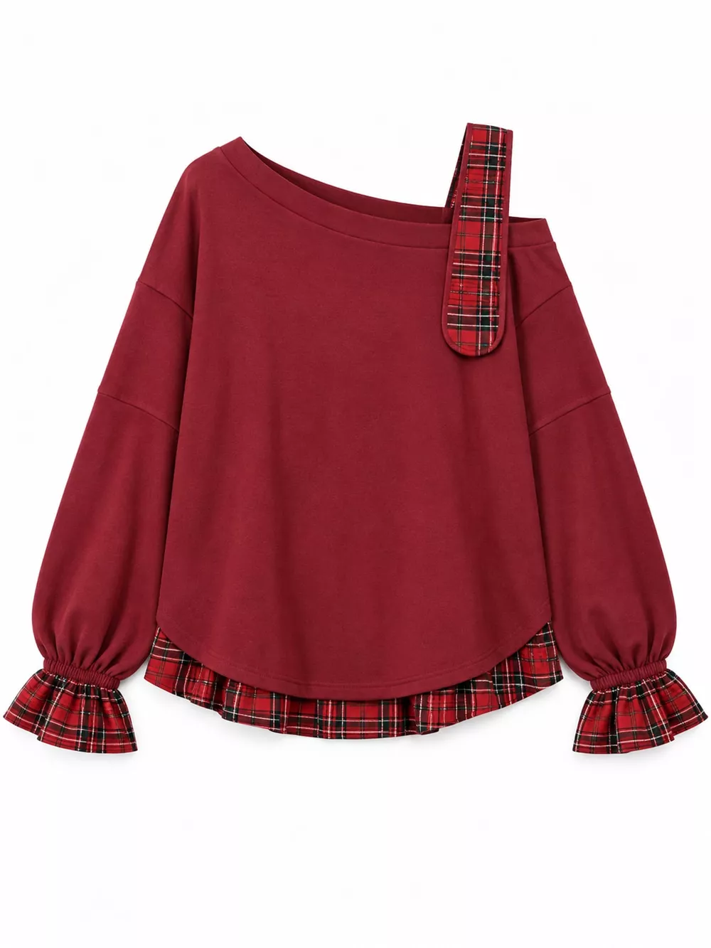 Full Size Plaid Ruffled Hem Asymmetrical Neck Sweatshirt Plus Size, image 13