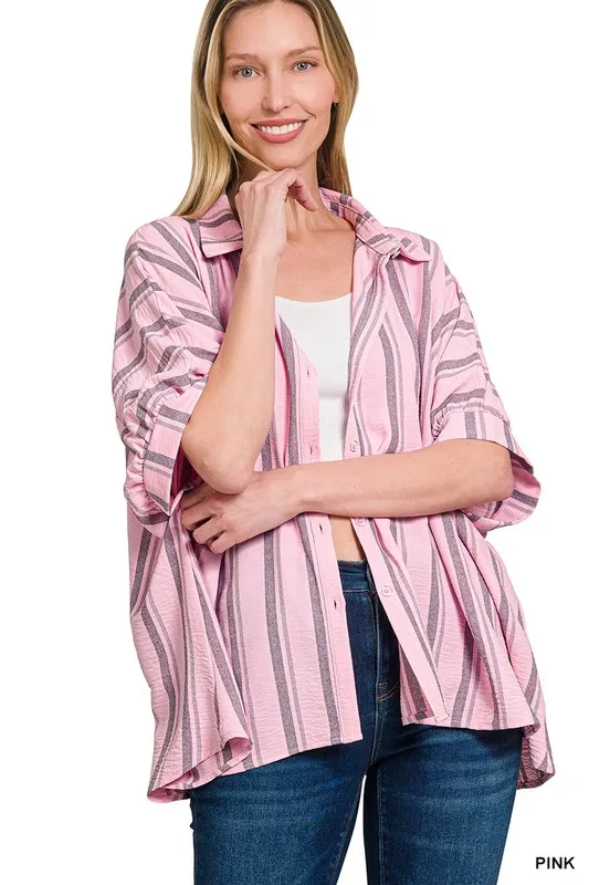 Woven Yarn-Dye Stripe Oversized Button Down Shirt, image 3