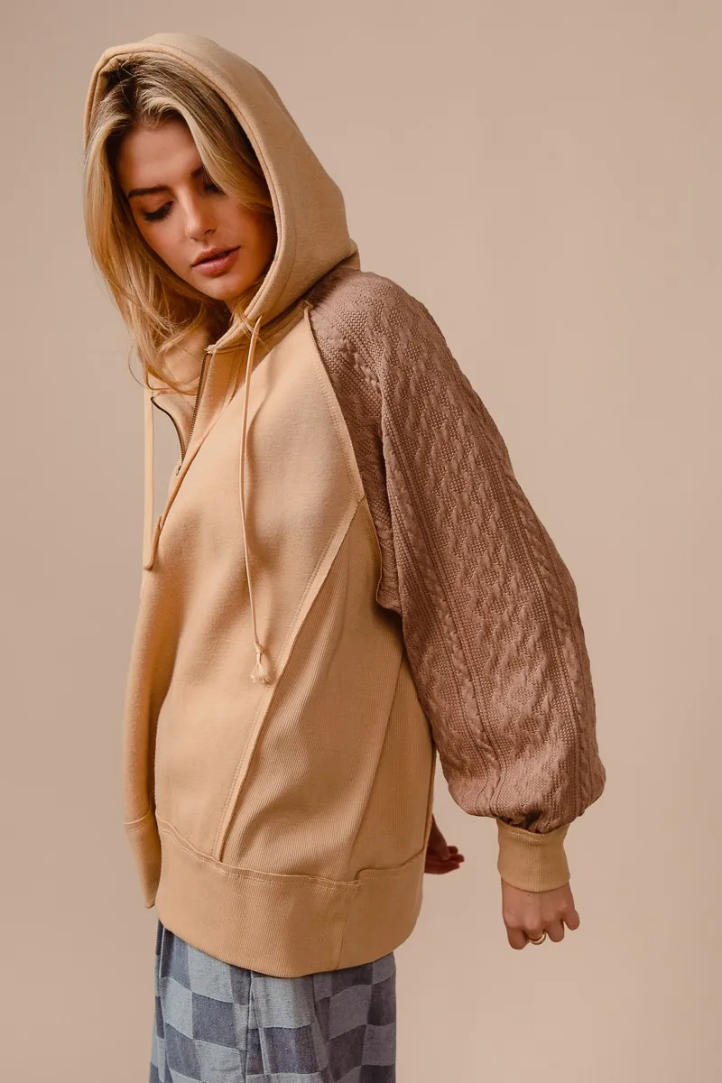 Half Zip French Terry Hoodie with Kint Sleeves, image 8