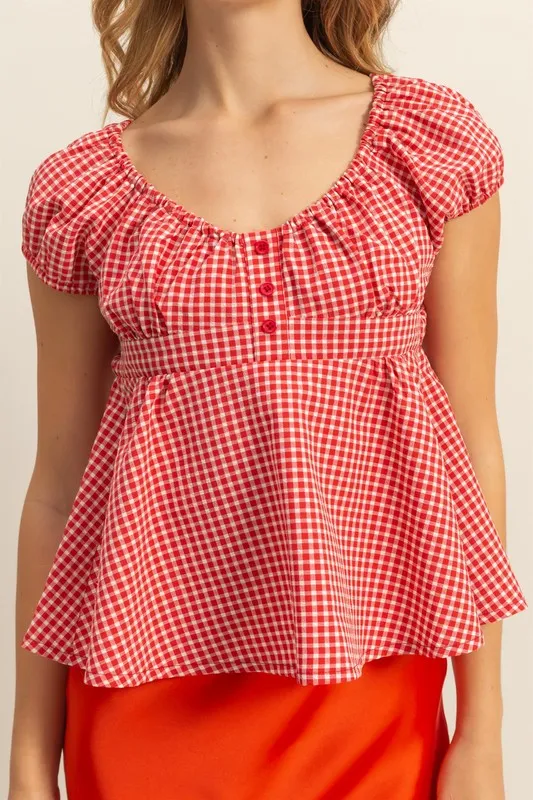 Gingham Scoop Neck Cap Sleeve Blouse, image 5