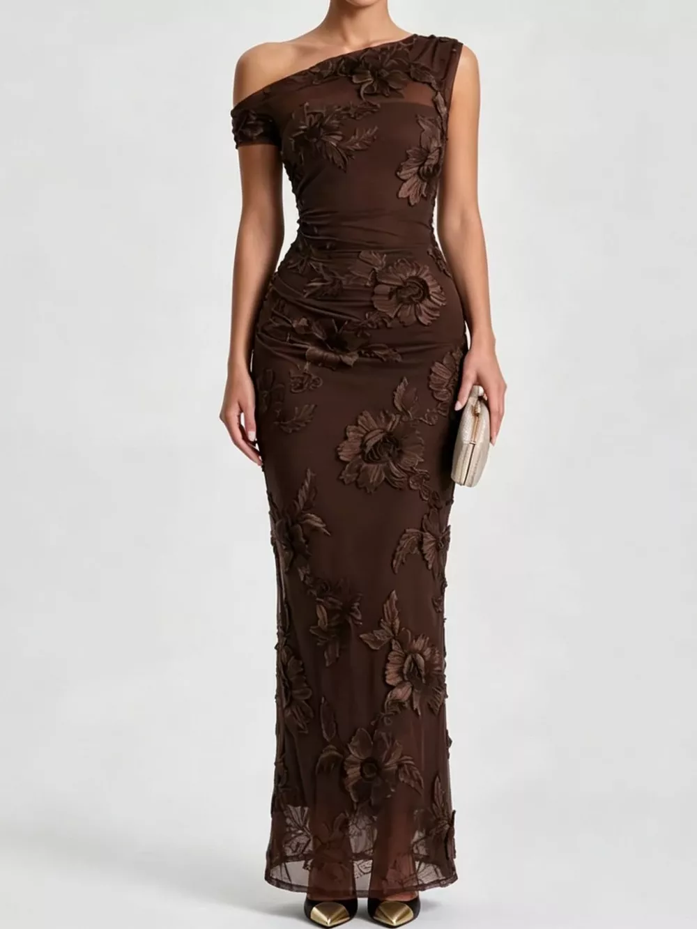 One-Shoulder Floral Embroidered Maxi Dress, image 12