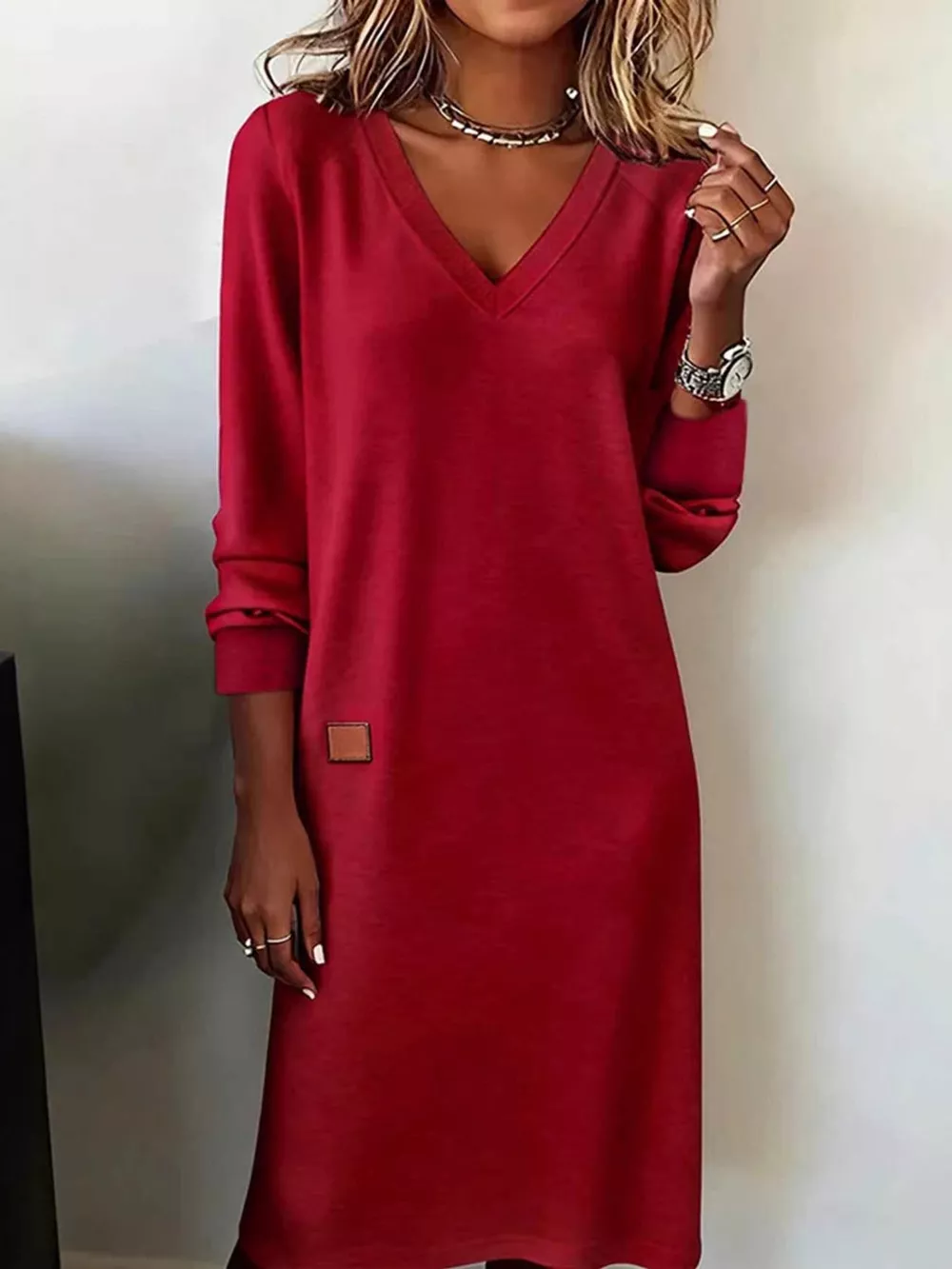 Full Size V-Neck Long Sleeve Midi Dress Plus Size, image 6