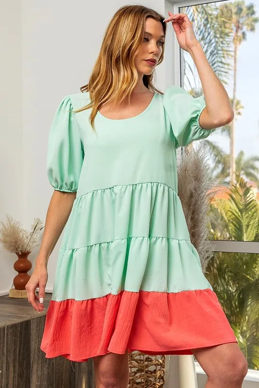 Two-Tone Balloon Sleeves U Neck Tiered Ruffle Hem Mini Dress, image 5