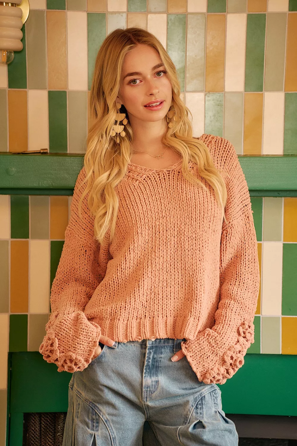 Chunky Knit Sweater with Flower Detail Sleeves, image 18