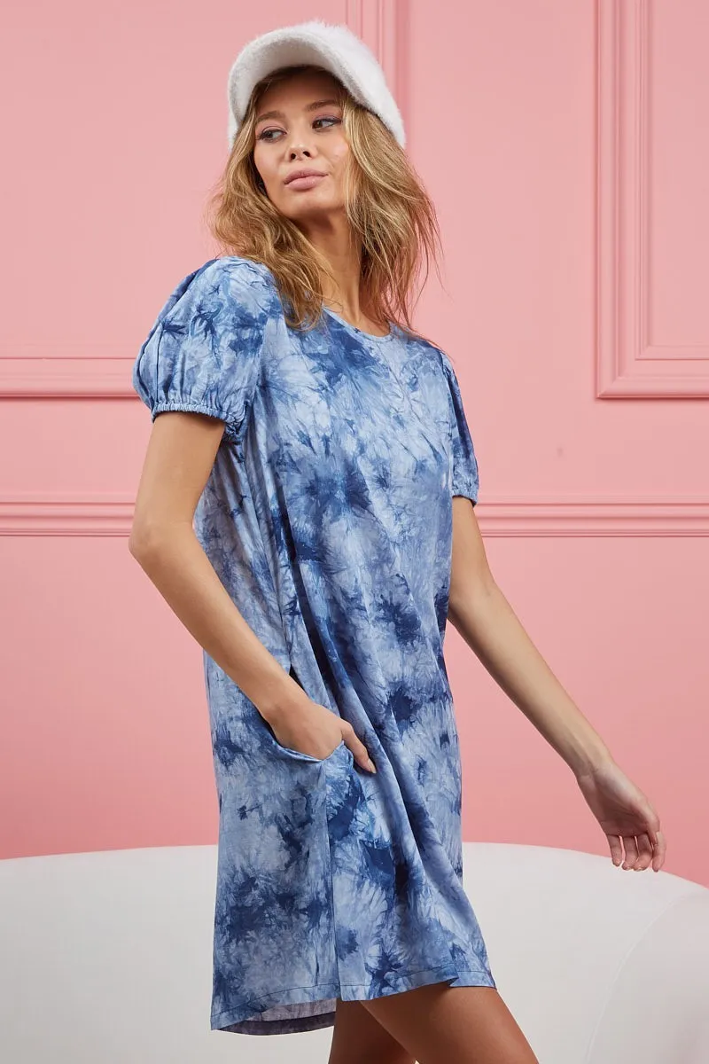 Puff Sleeve With Side Pockets Tie Dye Dress, image 11