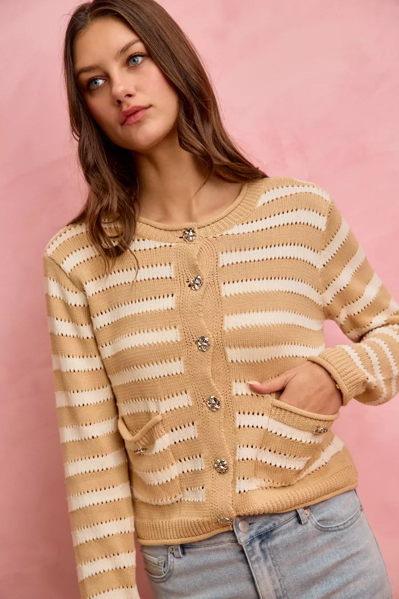 Stripe Long Sleeves Button Sweater Cardigan, image 18