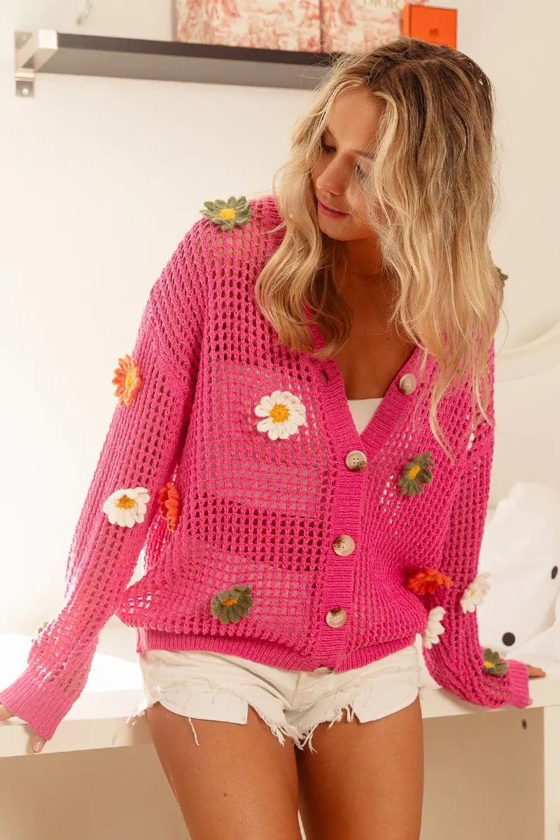 Flower Patches Open Knit Sweater Cardigan, image 17