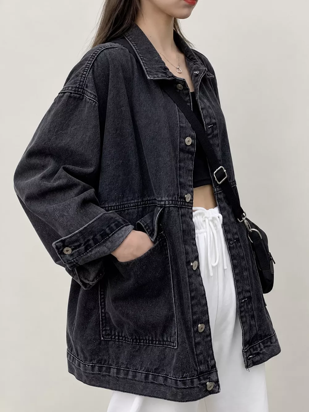 Oversized Wash Denim Jacket with Utility Pockets, image 11