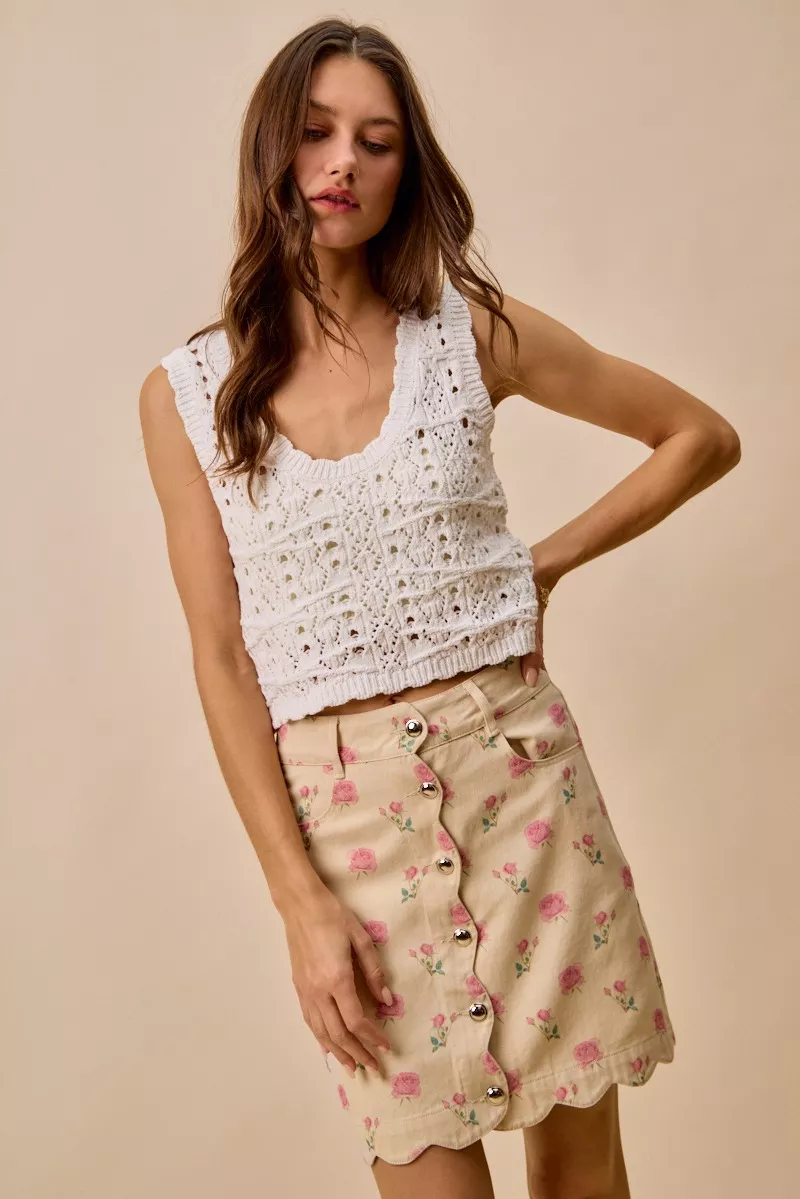 Floral Rose Print Cotton Twill Scallop Mini Skirt, image 10