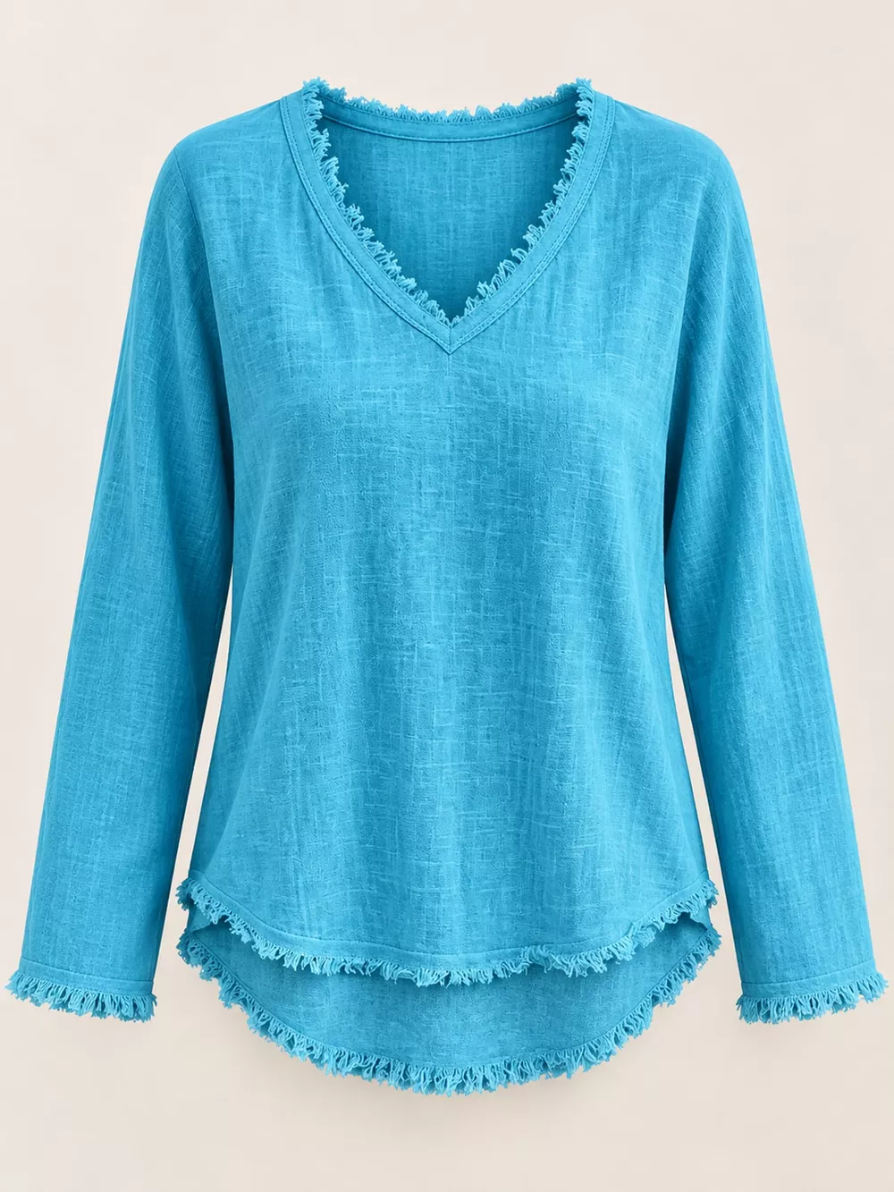 Full Size Frayed Hem V-Neck Long Sleeve Blouse Plus Size, image 29