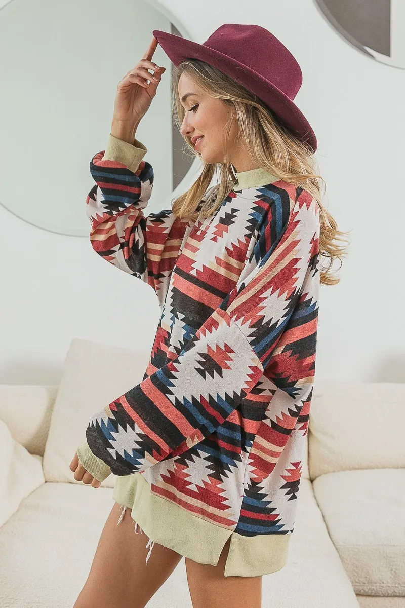 Aztec Print Mirr Mock Neck Lslv Top, image 2
