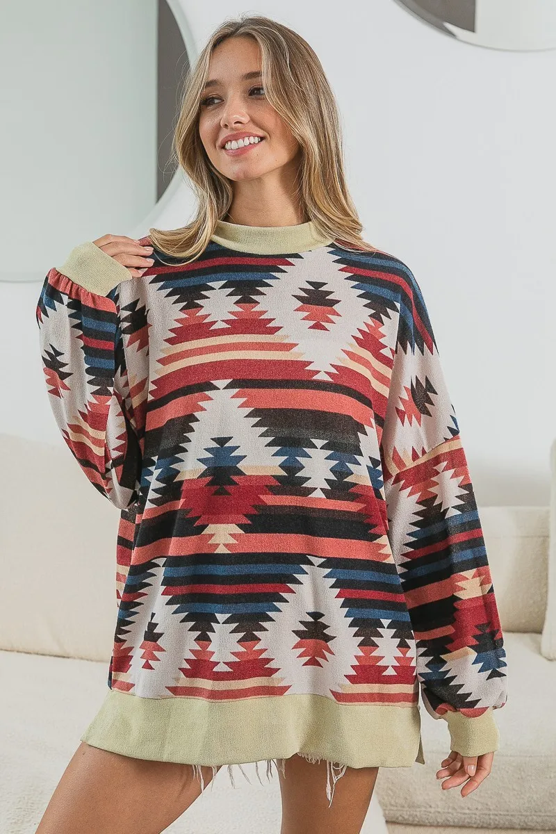 Aztec Print Mirr Mock Neck Lslv Top, image 4
