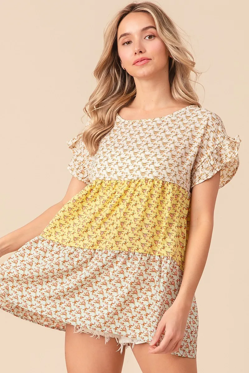 Flroal Printed Woven Color Block and Tiered Top, image 13