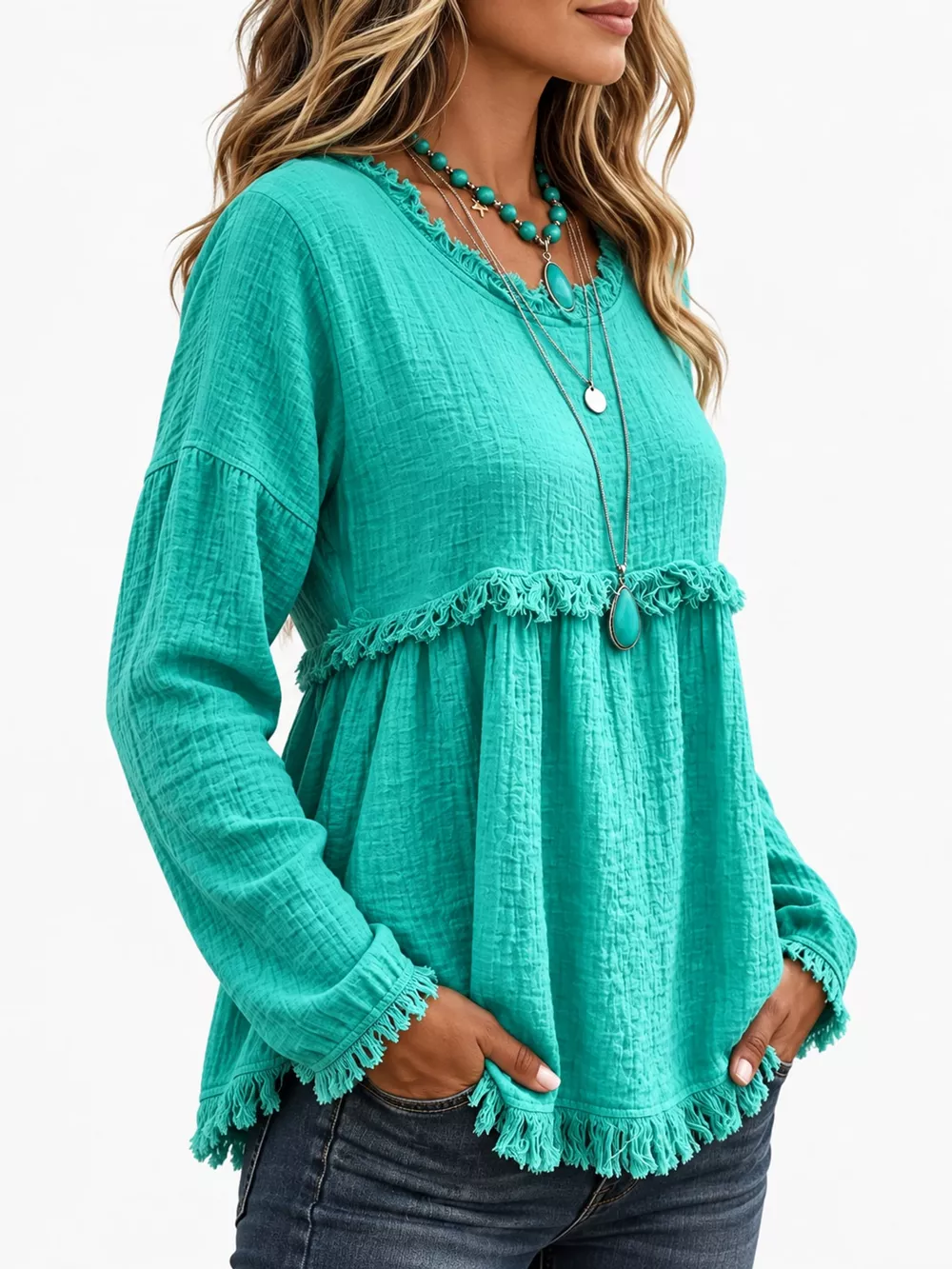 Full Size Frayed Hem Textured Blouse Plus Size, image 10