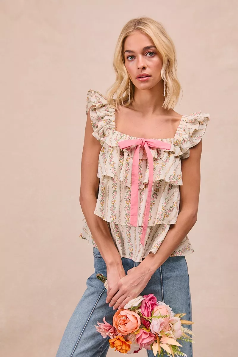 Floral Printed Woven Front Bow Tied Ruffled Square Neck Sleeveless Top, image 8