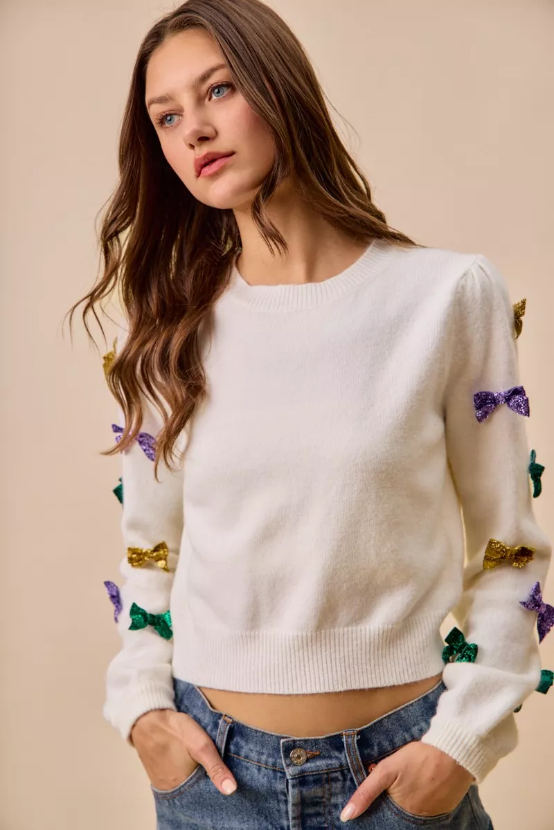 Mardi Gras Glitter Bow Ribbon Sweater Knit Top, image 18
