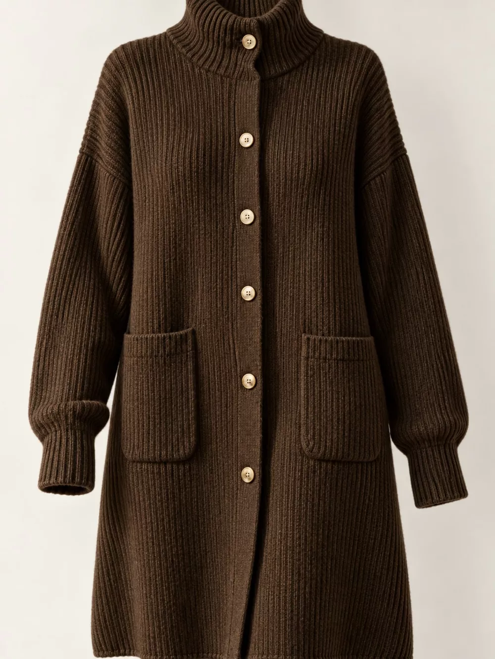 Ribbed Knit Turtleneck Button Up Longline Cardigan, image 7