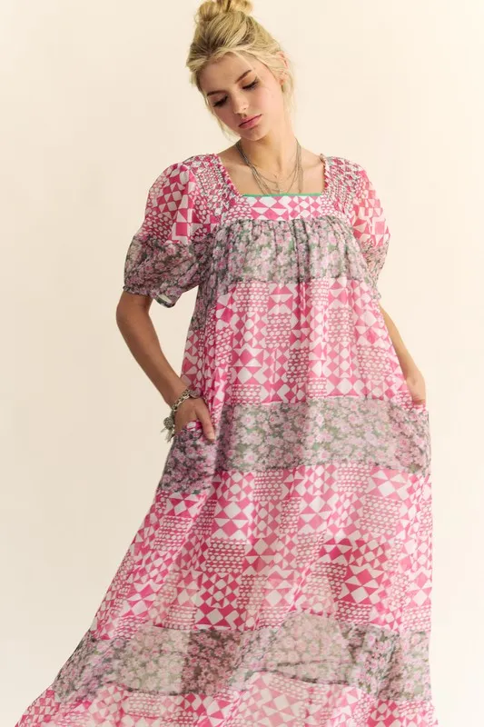 Multi Floral Square Neck Puff Sleeve Maxi Dress, image 7