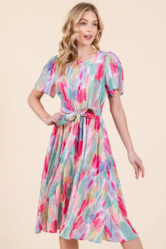 Watercolor Print Tie Front Midi Dress, image 9
