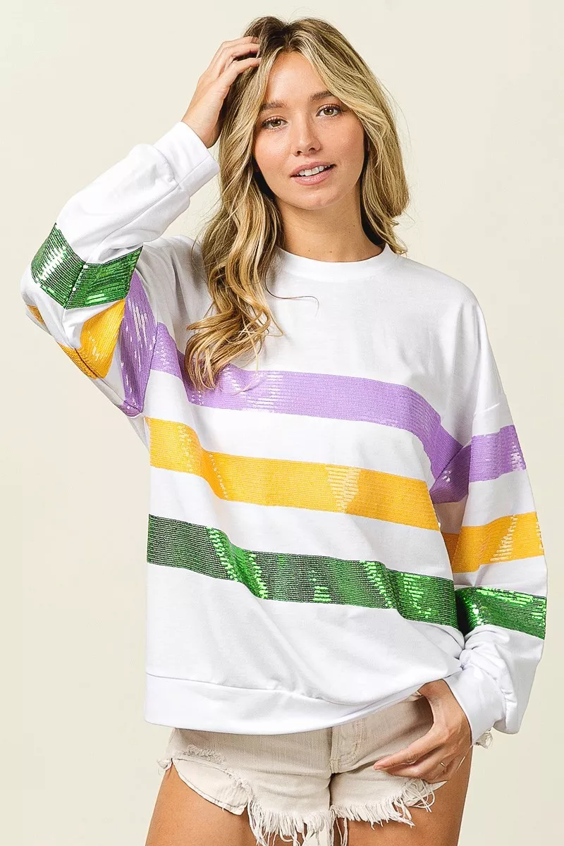 Sequin Mardi Gras Striped Round Neck Sweatshirt, image 17