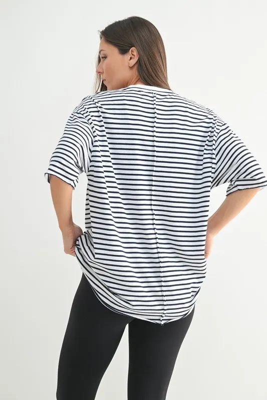 Coastal Cotton Striped Oversized Crewneck T-Shirt, image 3