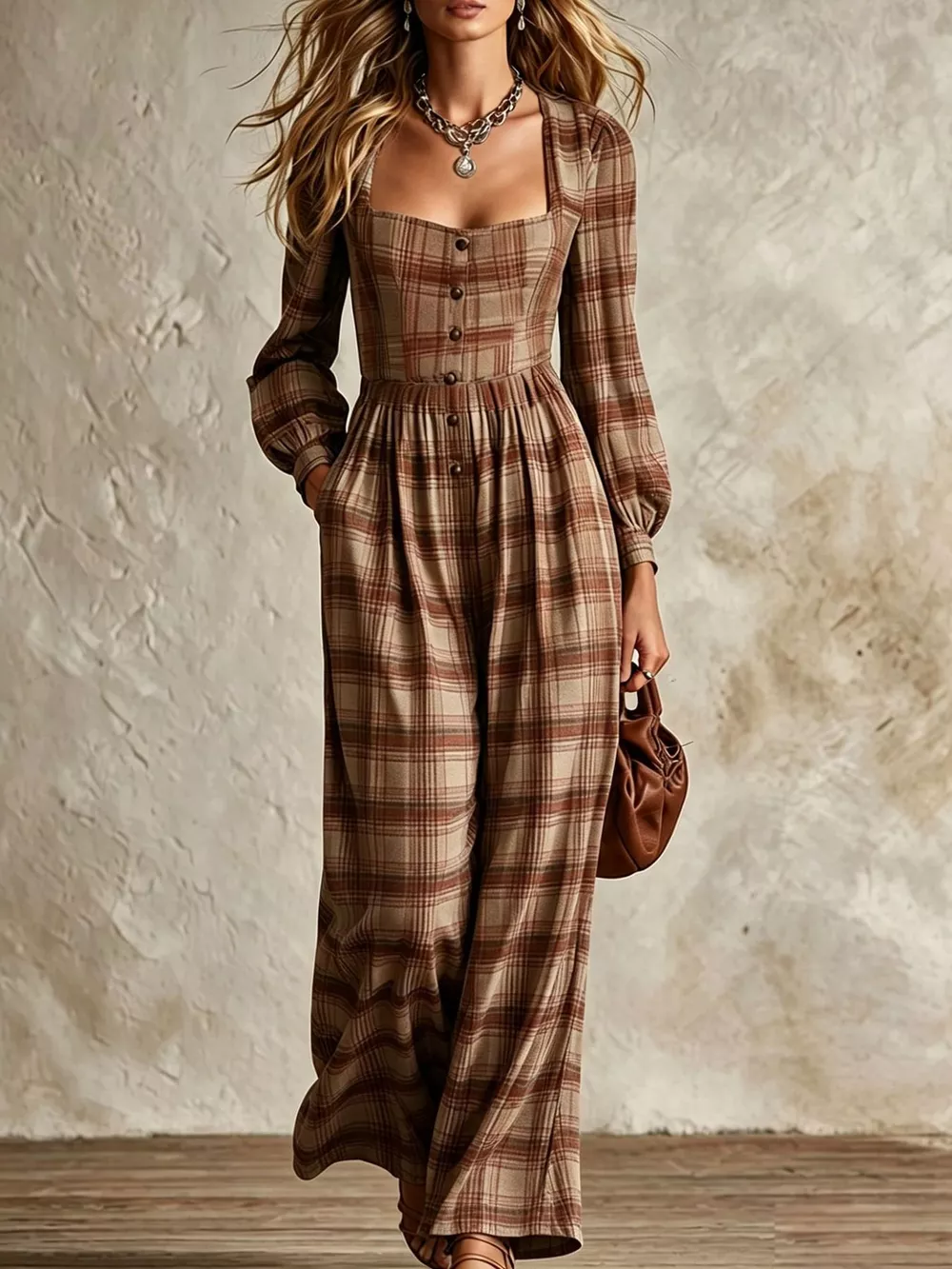 Plaid Square Neck Long Sleeve Wide-Leg Jumpsuit, image 25
