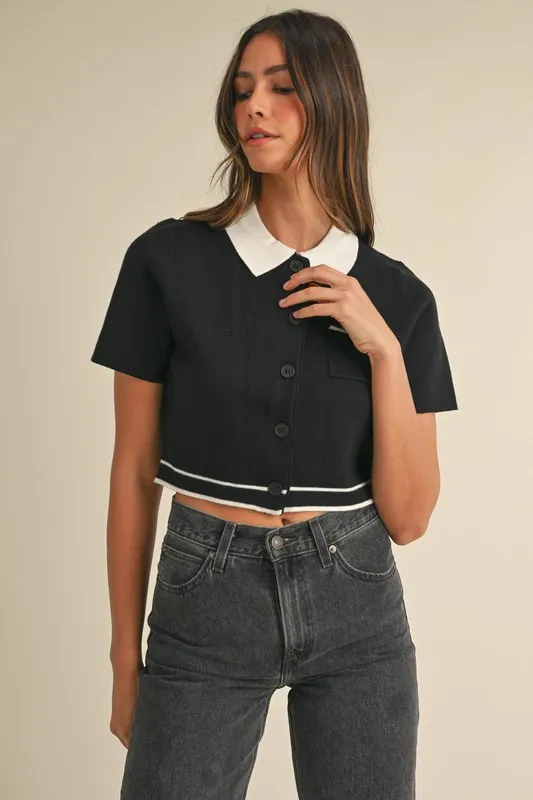 Button Down Contrast Collared Knit Cardigan, image 2