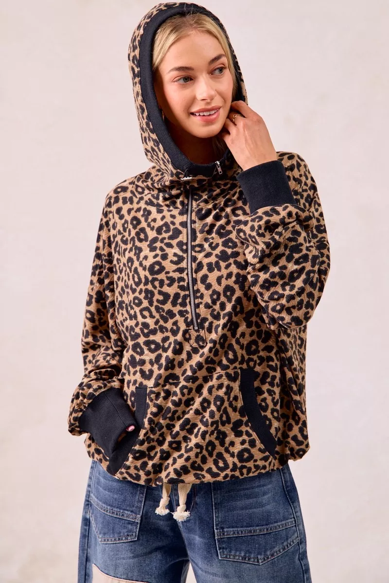 Leopard Print Waffle Half Zip Up Hoodie W Pocket, image 15