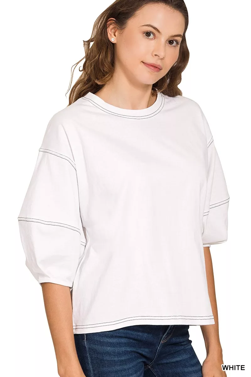 Balloon Sleeve Top with Contrast Stitching, image 2