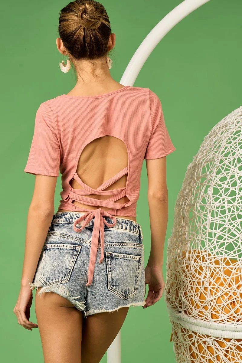 Rib Knit with Back Cross and Tied Detailed Top, image 16