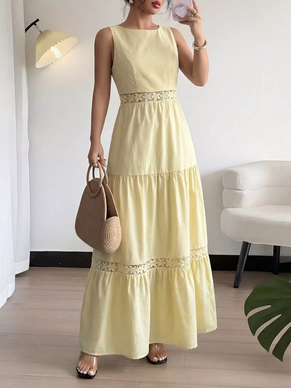 Sleeveless Tiered Lace Trim Maxi Dress
