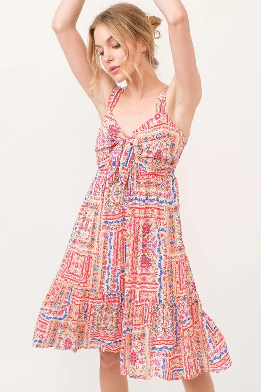 Tied Front Smocked Back Tiered Boho Printed Dress, image 7