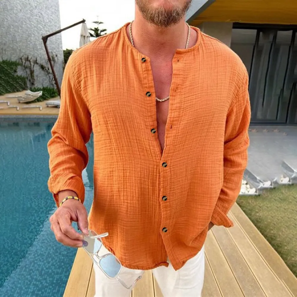 Men's Full Size Linen Button-Down Mandarin Collar Shirt Plus Size, image 2