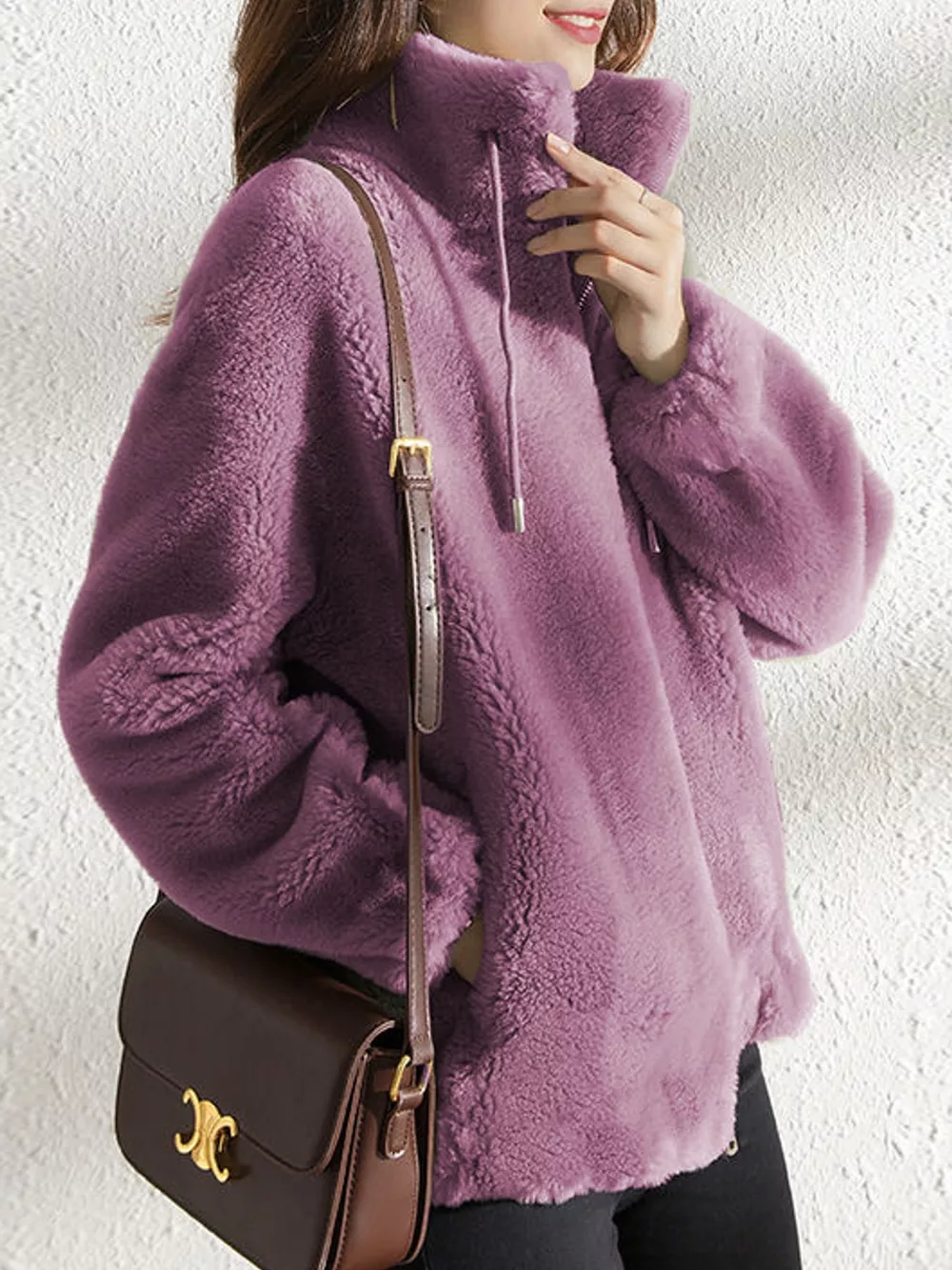 Full Size Drawstring Faux Fur Stand-Collar Zip-Up Outerwear Plus Size, image 20