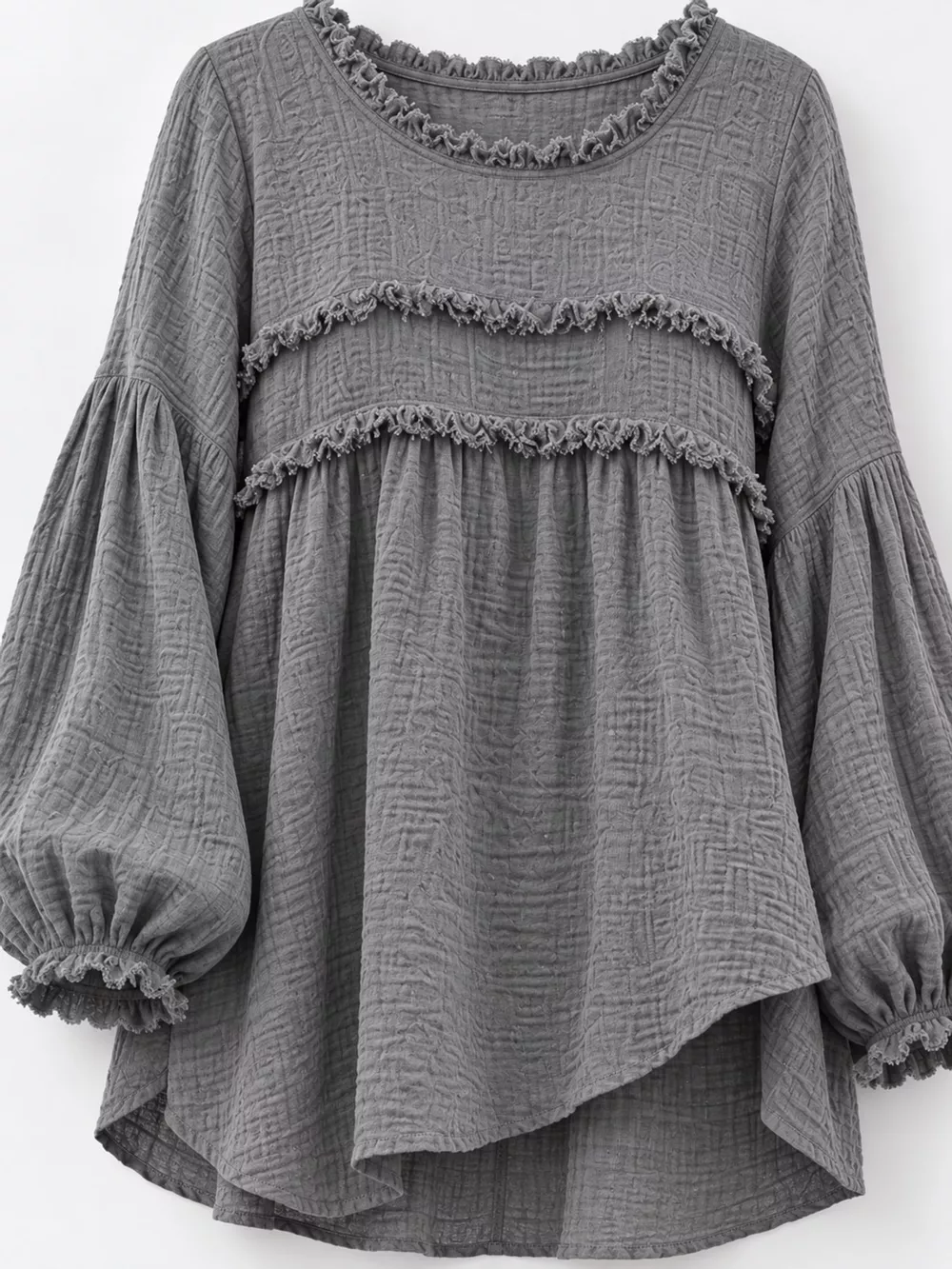 Full Size Boho Chic Textured Frayed Trim Peplum Blouse Plus Size, image 6