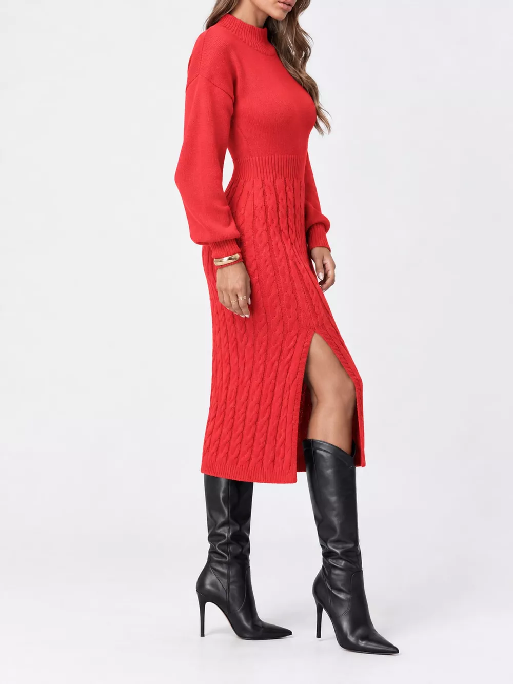 Full Size Mock Neck Cable Knit Sweater Dress with Front Slit Plus Size, image 21