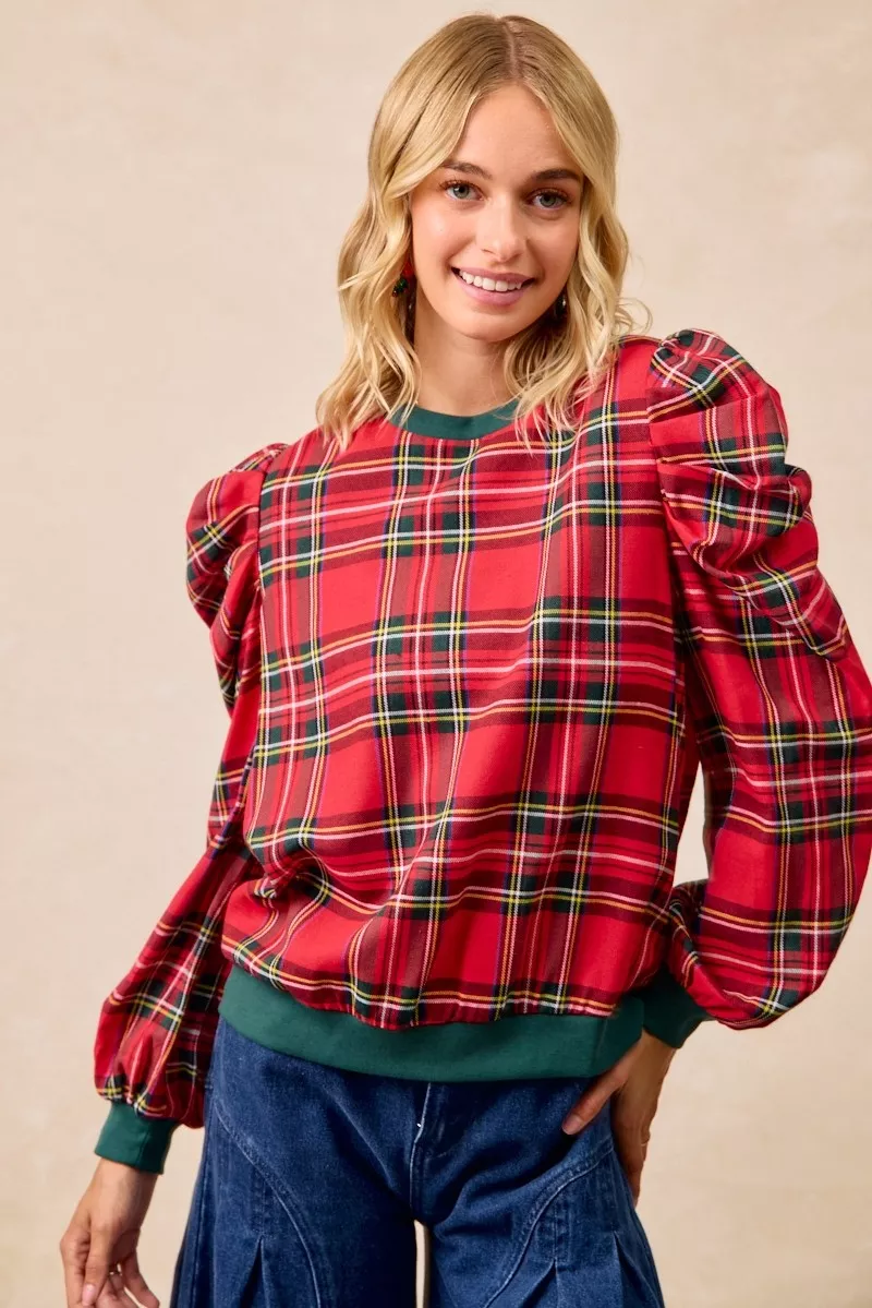 Christmas Plaid Exaggerated Shoulder Sleeves Top, image 12