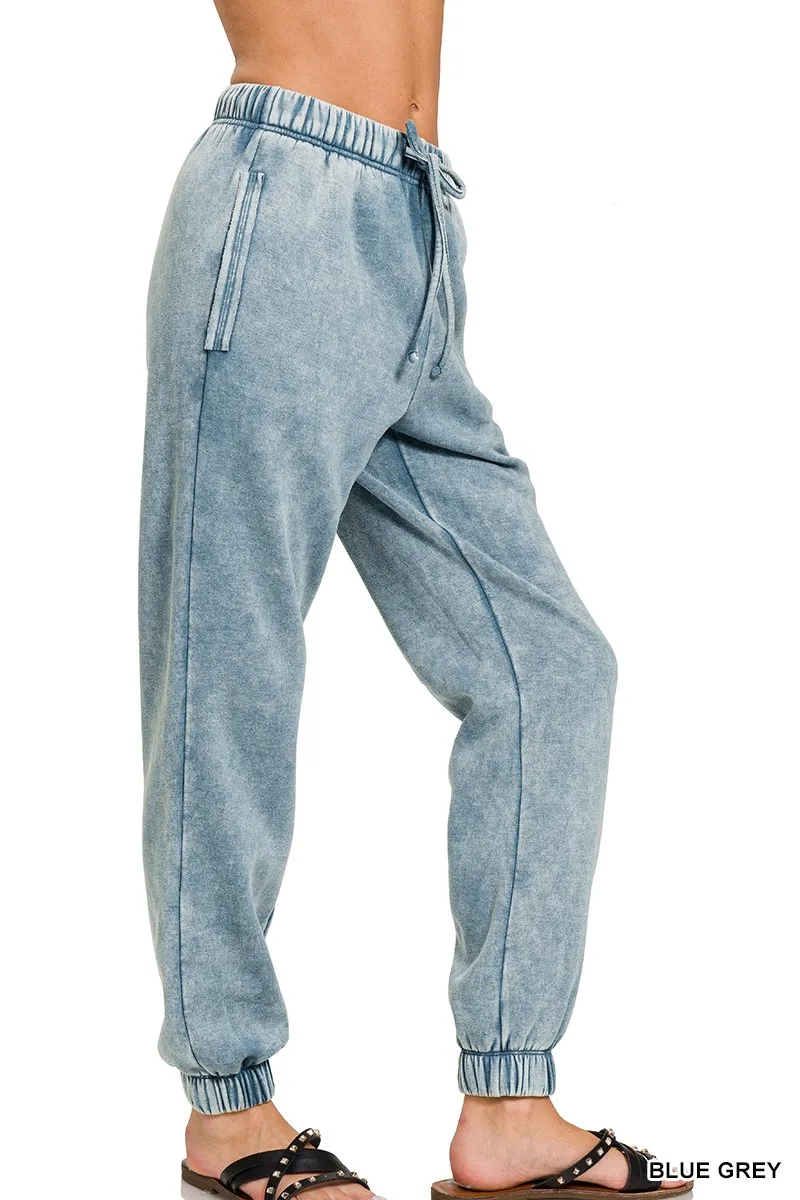 Acid Wash Fleece Sweatpants with Pockets, image 2