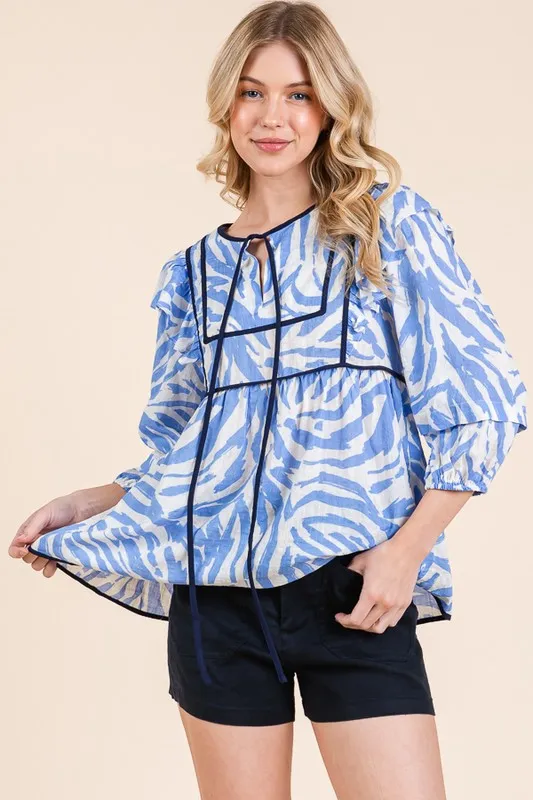 Graphic Print Solid Trim Quarter Sleeve Blouse, image 13