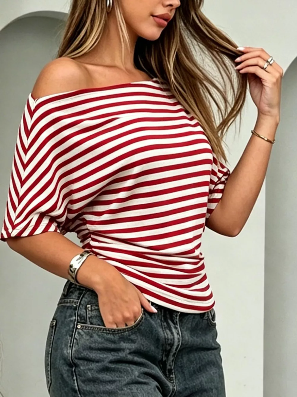 One Shoulder Striped Dolman Sleeve T-Shirt, image 6