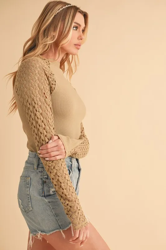 Mock Neck Ribbed Knit Top with Crochet Sleeve, image 5