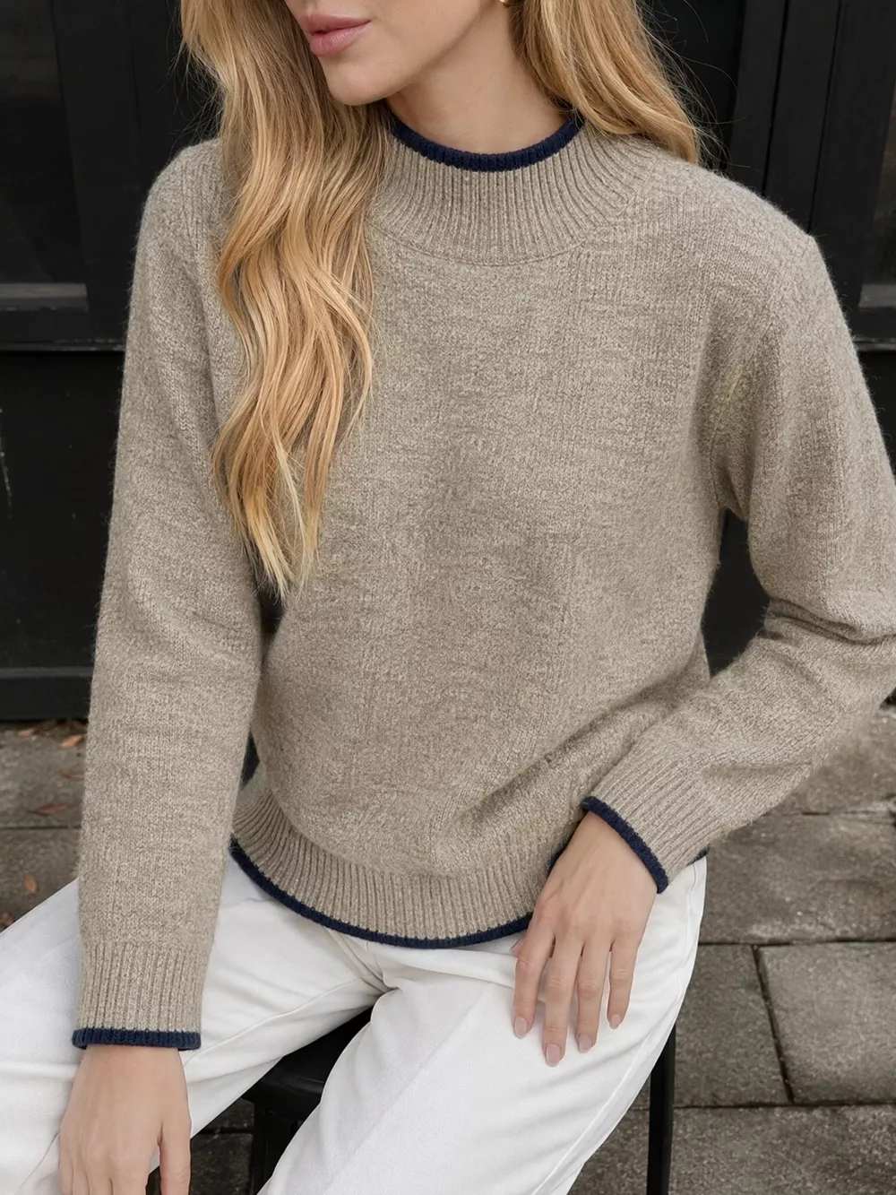 Cozy Mock Neck Sweater with Contrast Trim, image 2